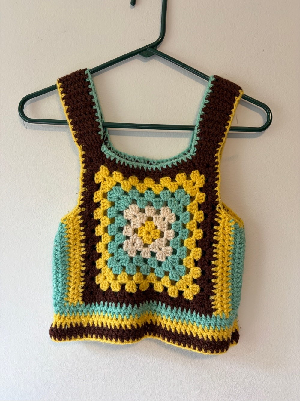 Handmade Crochet Granny Square Crop Top Vest Brown Aqua Yellow Boho